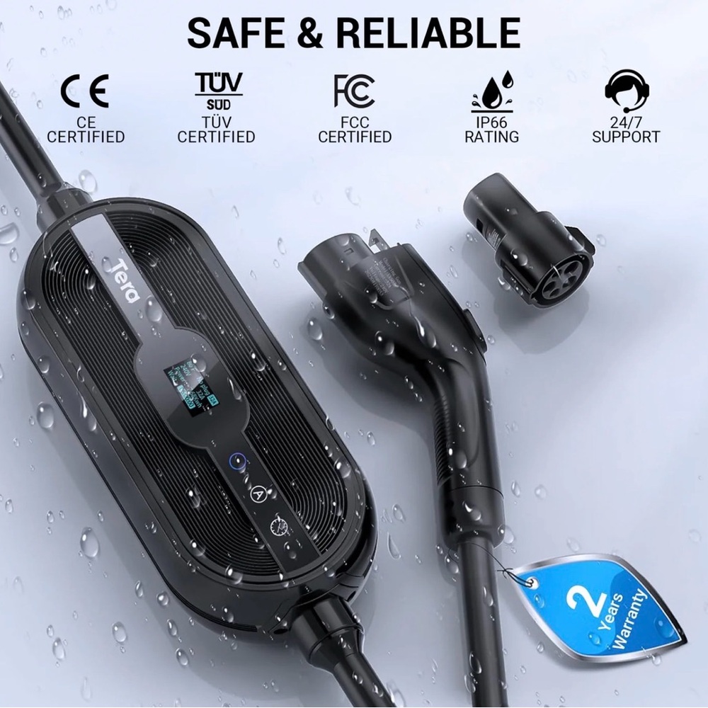 Tera EV Charger Lvl 2 J1772: 32A 240V ETL Certified Dual Use Portable & Wall